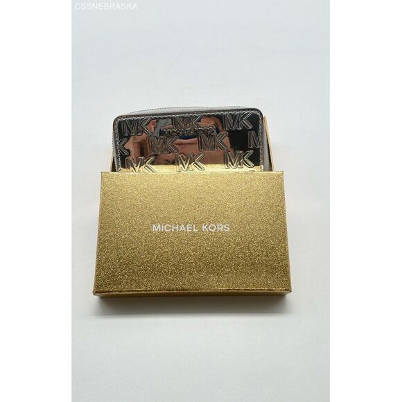 MICHAEL KORS SILVER SMALL SHINY ARGENT CARD CASE WALLET ZIP AROUND‎ - Picture 1 of 8